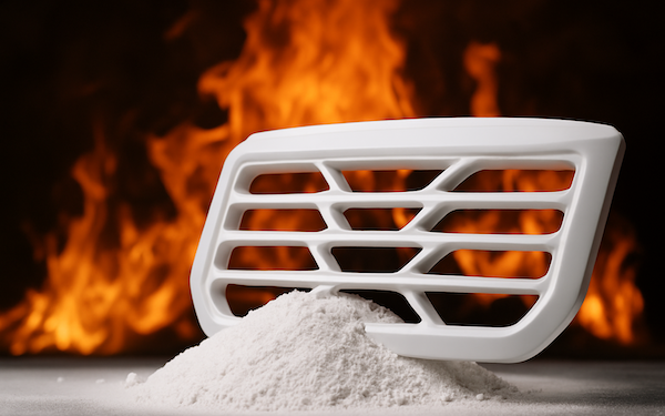 A white automotive grille-shaped engineering plastic component is placed atop a mound of white pigment powder, with flames blazing in the background to symbolize extreme heat. The image visually highlights the heat resistance and color stability of GEOLOR® ST high-performance pigment.