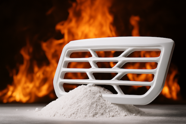 A white automotive grille-shaped engineering plastic component is placed atop a mound of white pigment powder, with flames blazing in the background to symbolize extreme heat. The image visually highlights the heat resistance and color stability of GEOLOR® ST high-performance pigment.