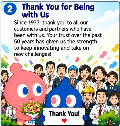 谢谢你们一路相伴: 多亏了从1977年至今一路同行的所有客户、合作伙伴和伙伴们，我们才能走到今天。以过去50年的信任为基础，让我们一起迎接更大的挑战和新的飞跃吧！一直感谢你们！