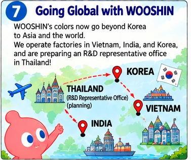 走向世界的友信: 如今友信的颜色已经走出韩国，走向亚洲和全世界。我们在越南、印度和韩国运营工厂，并正在泰国筹备研发联络处！韩国（总部·工厂）、越南（同奈工厂）、印度（工厂运营）、泰国（研发联络处）。