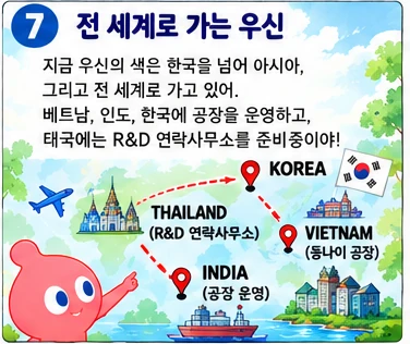 전 세계로 가는 우신: 지금 우신의 색은 한국을 넘어 아시아, 그리고 전 세계로 가고 있어. 베트남, 인도, 한국에 공장을 운영하고, 태국에는 R&D 연락사무소를 준비중이야! 한국(본사·공장), 베트남(동나이 공장), 인도(공장 운영), 태국(R&D 연락사무소).