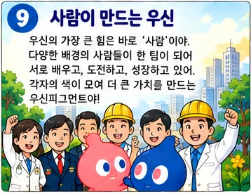 사람이 만드는 우신: 우신의 가장 큰 힘은 바로 ‘사람’이야. 다양한 배경의 사람들이 한 팀이 되어 서로 배우고, 도전하고, 성장하고 있어. 각자의 색이 모여 더 큰 가치를 만드는 우신피그먼트야!