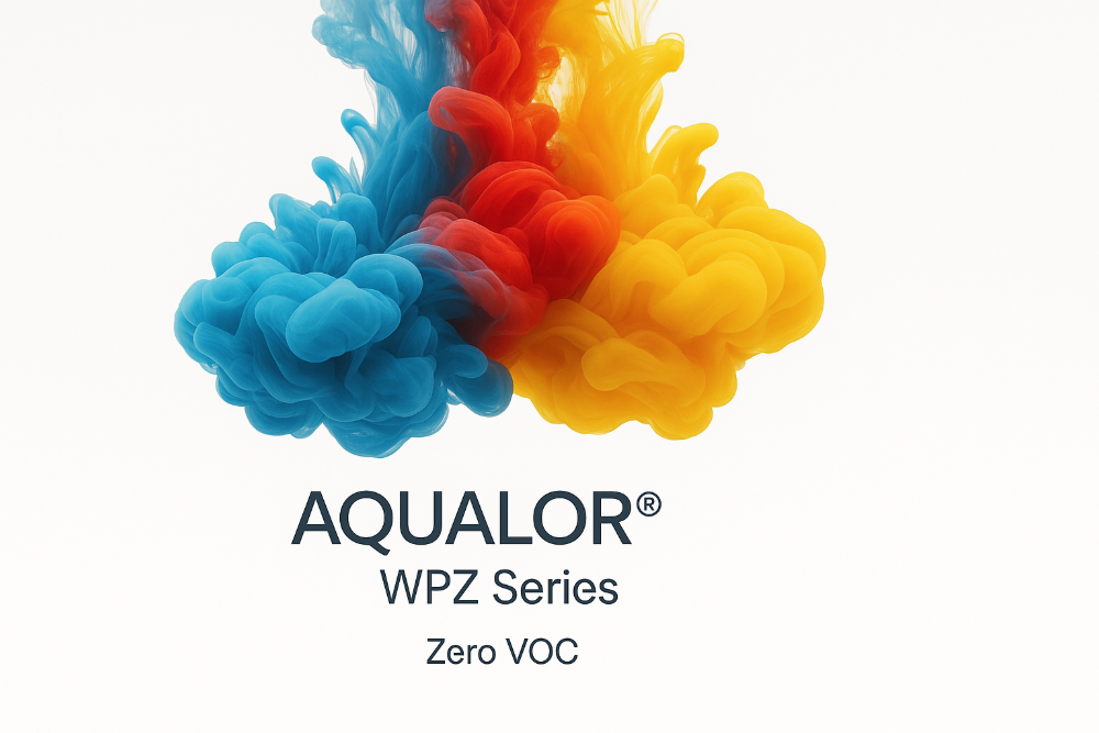 제로 VOC 수성 착색제 AQUALOR® WPZ 시리즈를 표현한 이미지, 맑은 물방울과 선명한 컬러